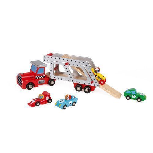 Primera imagen del Camión portacoches de madera con 4 coches Story - Janod