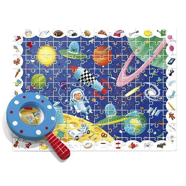 Imagen del Puzzle detective El Espacio ya creado y a su lado la lupa.