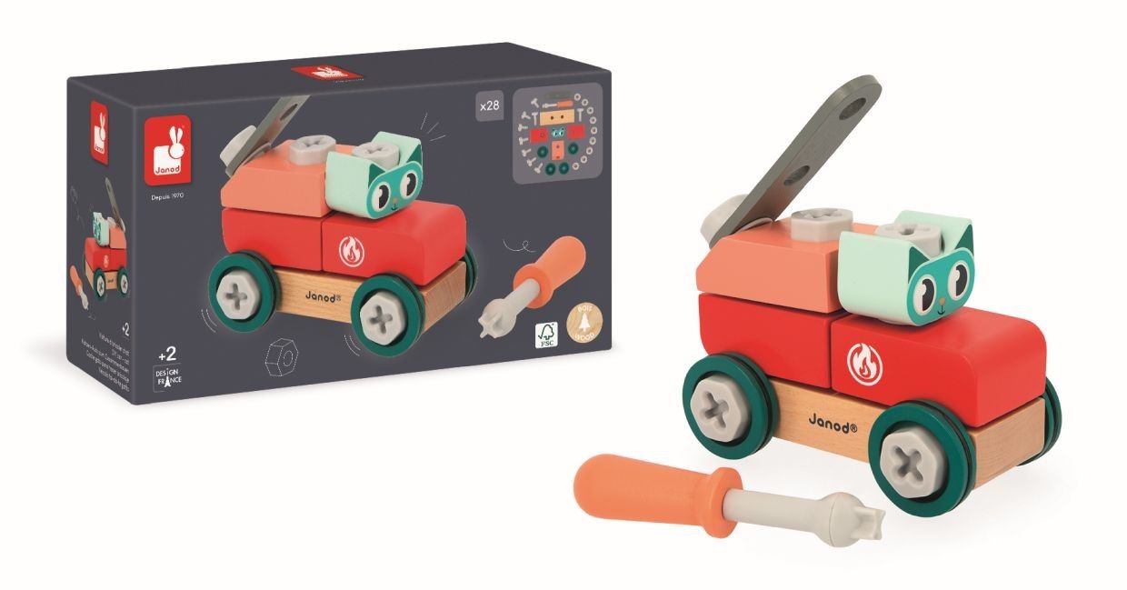 Primera imagen del Coche Gato para construir Brico'Kids de Janod